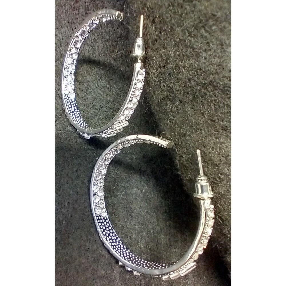 Hoop Earrings Silver Tone Rhinestone Bling *Not Worn*